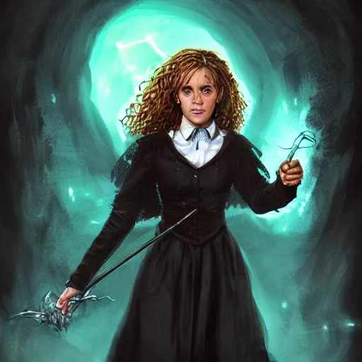 Image similar to full body portrait of hermione granger ( from harry potter ) as a dark hot witch, concept art, green magic, hyper detailed, art station, fantasy art, illustration, dark lighting by mark brooks