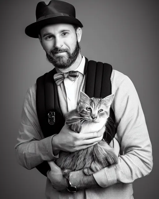 Prompt: gentlemen wearing a hat and wearing a baby sling on the back with a kitten in the sling, studio portrait, golden ratio, backlit, steampunk