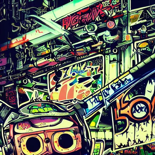 Image similar to jet set radio, noise tanks, graffiti, intricate, robotic, digital art, art station, neo tokyo