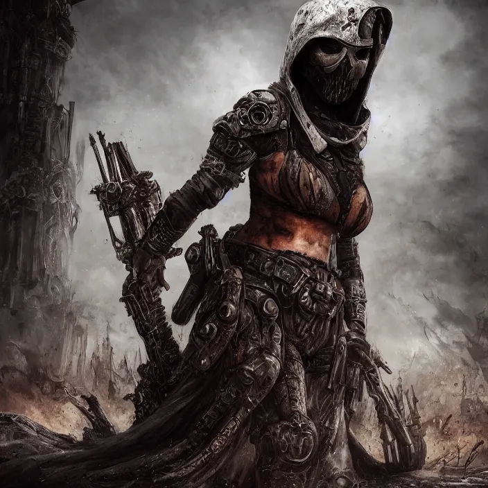 Image similar to beautiful apocalyptic woman in hooded cloak, standing on mad max panzer tank, hyper-detailed, smooth, sharp focus, 4k ultra hd, fantasy dark art, tank girl, artgerm, artstation, octane render, elegant, detailed digital painting, apocalyptic art, Francis bacon, gears of war, unreal engine