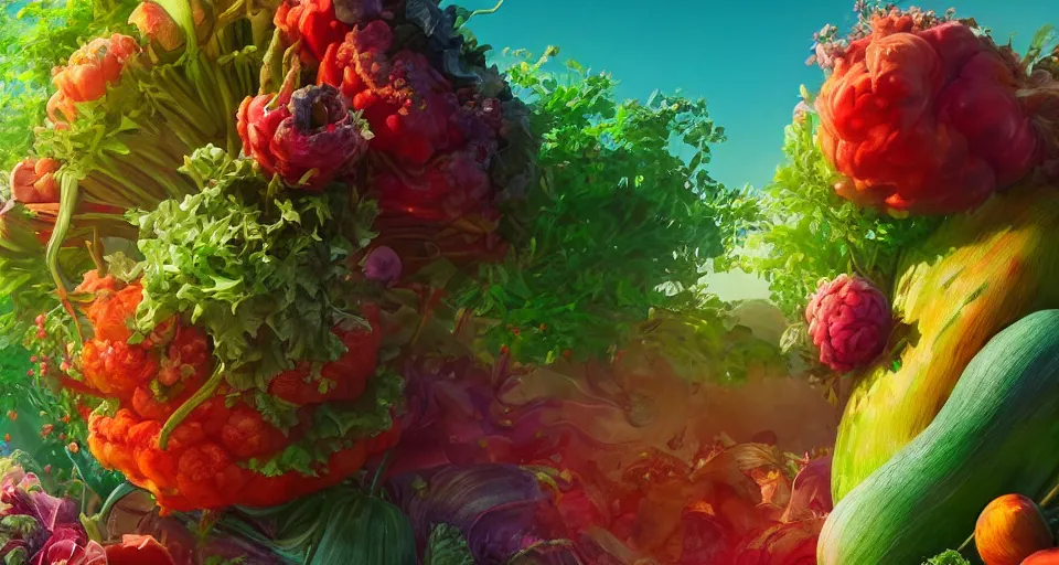 Image similar to a beautiful painting of a anamorphic vegetable, gigantic, octane render, brilliantly coloured, intricate, ultra wide angle, trending on artstation, 8k