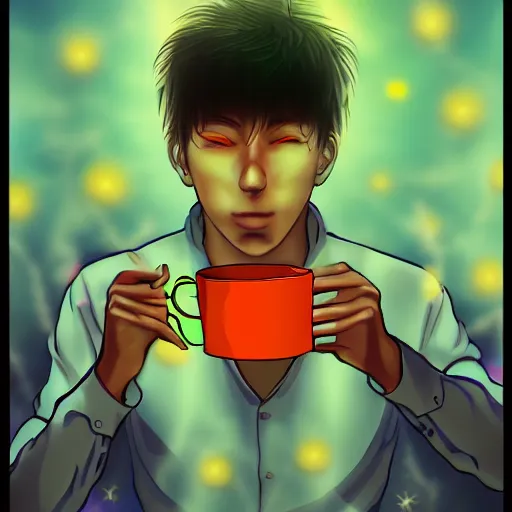 Image similar to A man drinking a cup of cosmic energy bright light by Masafumi Harada, 4k, digital art, surreal, anime style,