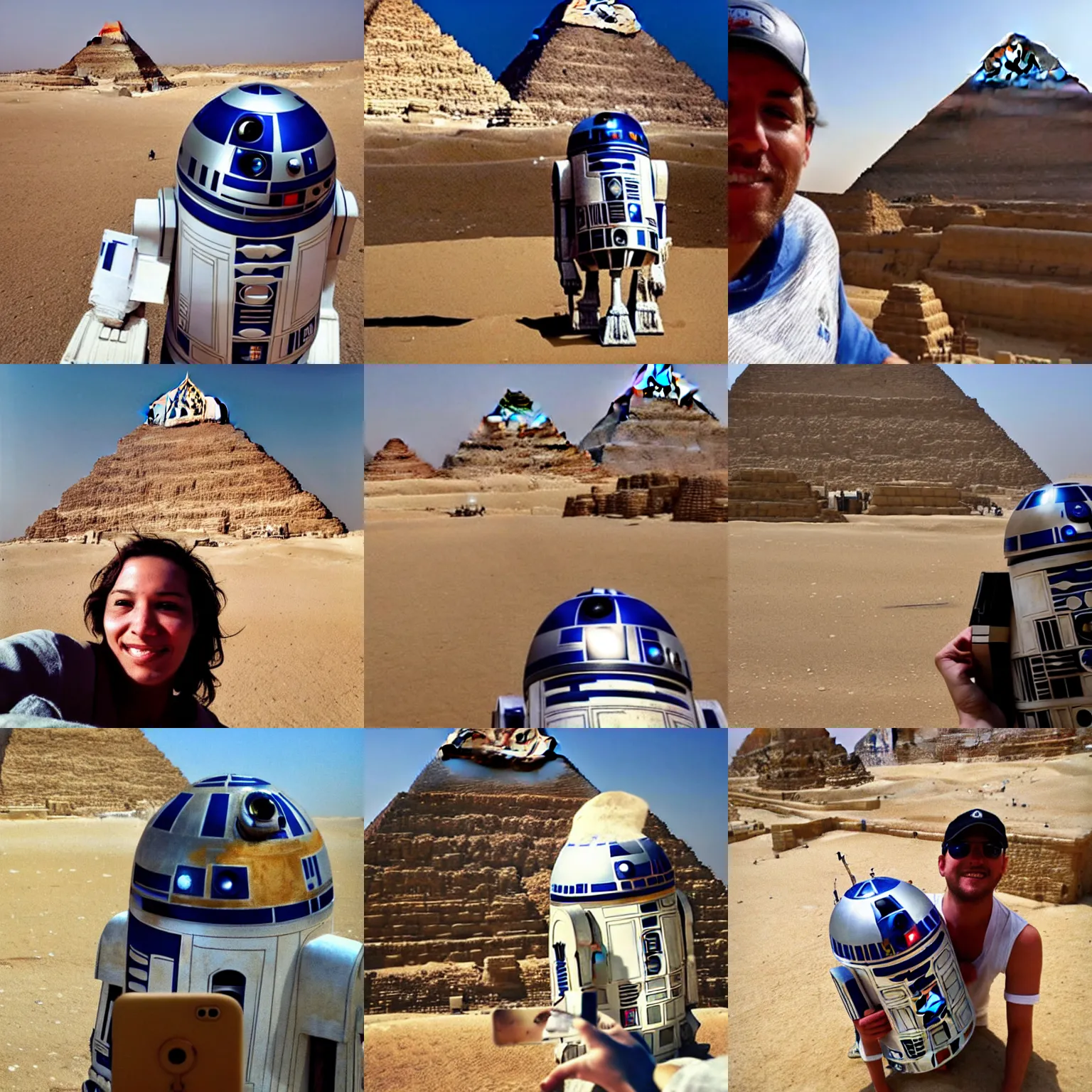 Prompt: Selfie of R2-D2 with the Sphinx, at the Pyramids of Giza