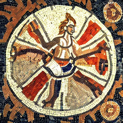 Image similar to an ancient roman mosaic of ultimate frisbee