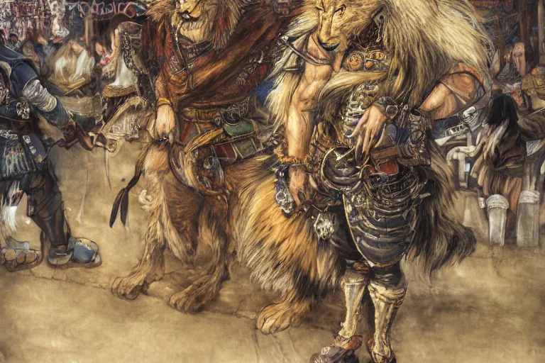 Image similar to 8k Yoshitaka Amano painting of upper body of a young cool looking lion beast-man with white mane at a medieval market at windy day. Depth of field. He is wearing complex fantasy bohemian clothing. He has huge paws. Renaissance style lighting.