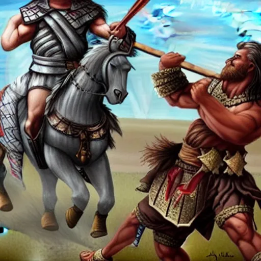 Prompt: Alex Jones as an ancient barbarian king, riding a horse into battle with an axe