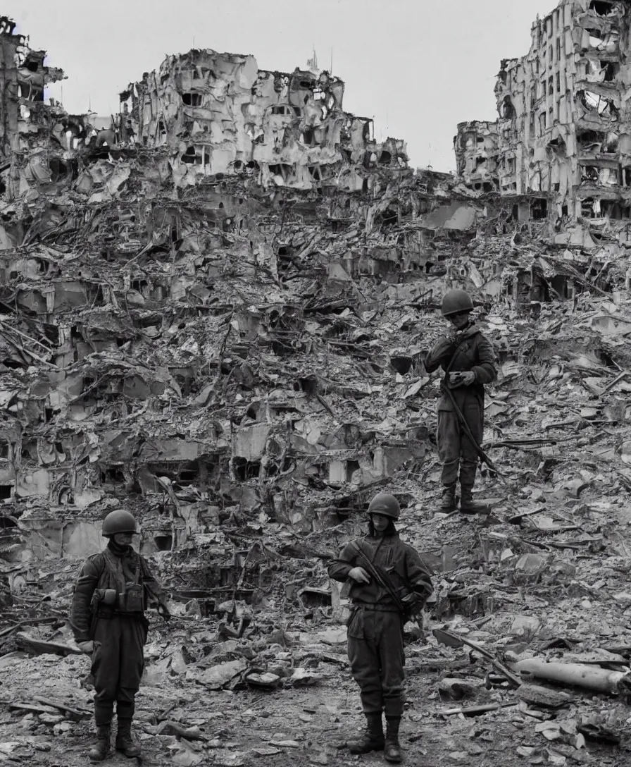 Image similar to Photograph of a soldier in the battle of Kiev standing in font of bombed out buildings. It is twilight and rockets are flying overhead. The year is 2023.