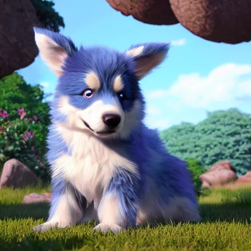 Prompt: a wholesome animation key shot of a blue merle australian shepherd puppy, studio ghibli, pixar and disney animation, sharp, rendered in unreal engine 5, anime key art by greg rutkowski, bloom, dramatic lighting