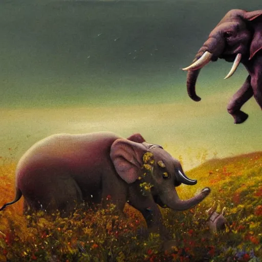 Prompt: purple elephant running in meadow, close up camera angle from an ant, raining, mountain behind meadow, menacing, illustration, detailed, smooth, soft, cold, by Adolf Lachman, Shaun Tan, Surrealism