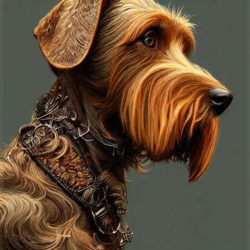 Image similar to portrait of a rugged wirehaired dachshung, salt and pepper hair, soft hair, d & d, muscular, fantasy, intricate, elegant, highly detailed, digital painting, artstation, concept art, smooth, sharp focus, illustration, art by artgerm and greg rutkowski and alphonse mucha