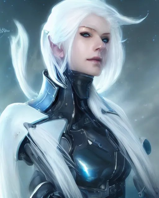 Image similar to perfect white haired girl, warframe armor, beautiful, pretty face, blue eyes, detailed, windy weather, scifi, platform, laboratory, experiment, 4 k, ultra realistic, epic lighting, high detail, masterpiece, by akihito tsukushi, charlie bowater, ross tran