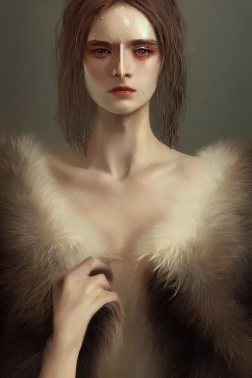 Prompt: A fancy portrait of an attractive hybrid women with fur by Greg Rutkowski, beeple, Sung Choi, Mitchell Mohrhauser, Maciej Kuciara, Johnson Ting, Maxim Verehin, Peter Konig, final fantasy, macro lens , 8k photorealistic, cinematic lighting, HD, high details, dramatic, dark atmosphere, trending on artstation