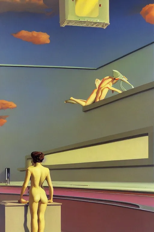 Prompt: liminal vaporwave robot surrealism dreams, painted by Edward Hopper, painted by salvador dali, painted by moebius, airbrush