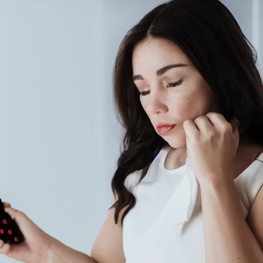 Prompt: a sad crying beautiful woman in a white dress watching netflix on a tv, holding a remote, 8 k, octane render, cgi