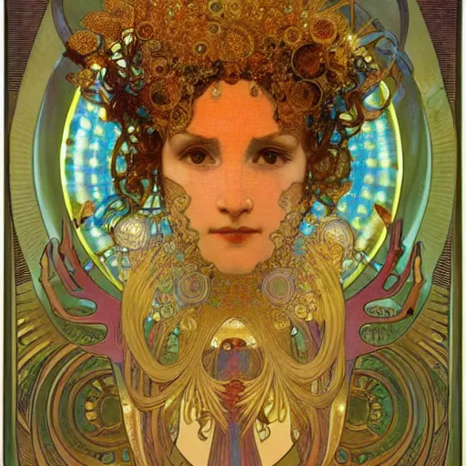 Prompt: A woman with a colored face, standing in gold foil, her face in discs, she has a diamond eye, orange Alphonse Mucha, Ernst Haeckel