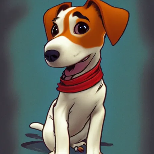 Image similar to jack russel terrier character shocked, pixar, disney, concept art, sketch, trending on artstation, graphic novel, childrens illustrated storybook, by alphonse mucha and cory loftis and matthias lechner