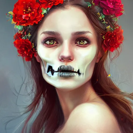 Image similar to A potrait of a women skull head with gold and red flowers, digital painting, by Stanley Artgerm Lau, WLOP, Rossdraws, LeraPi, and Sakimichan, digital painting, trending on ArtStation, deviantart, SFW version