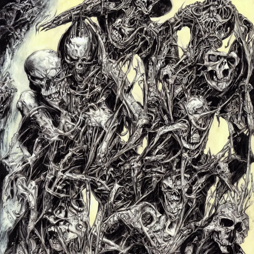 Image similar to judge death and vic rattlehead by simon bisley and h.r. giger