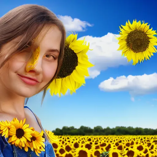 Image similar to Portrait, Illustration of a Ukrainian girl Smiling at the camera, Beautiful pretty young, flowers in her dark hair, Scene: Sunflower field, Colors: Yellow sunflowers, blue cloudy sky, In a style of Miniature World