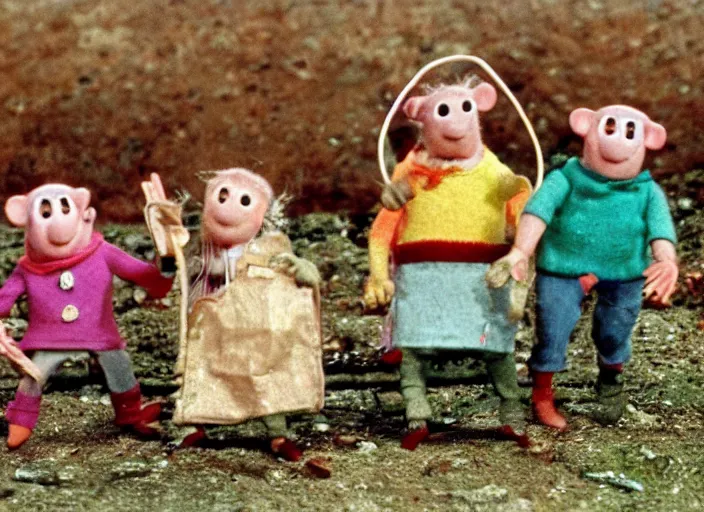 Image similar to a scene from a 1 9 7 0 s british kids tv programme by the bbc and oliver postgate, stop motion animation, the clangers, postman pat, vhs distortion, folk horror