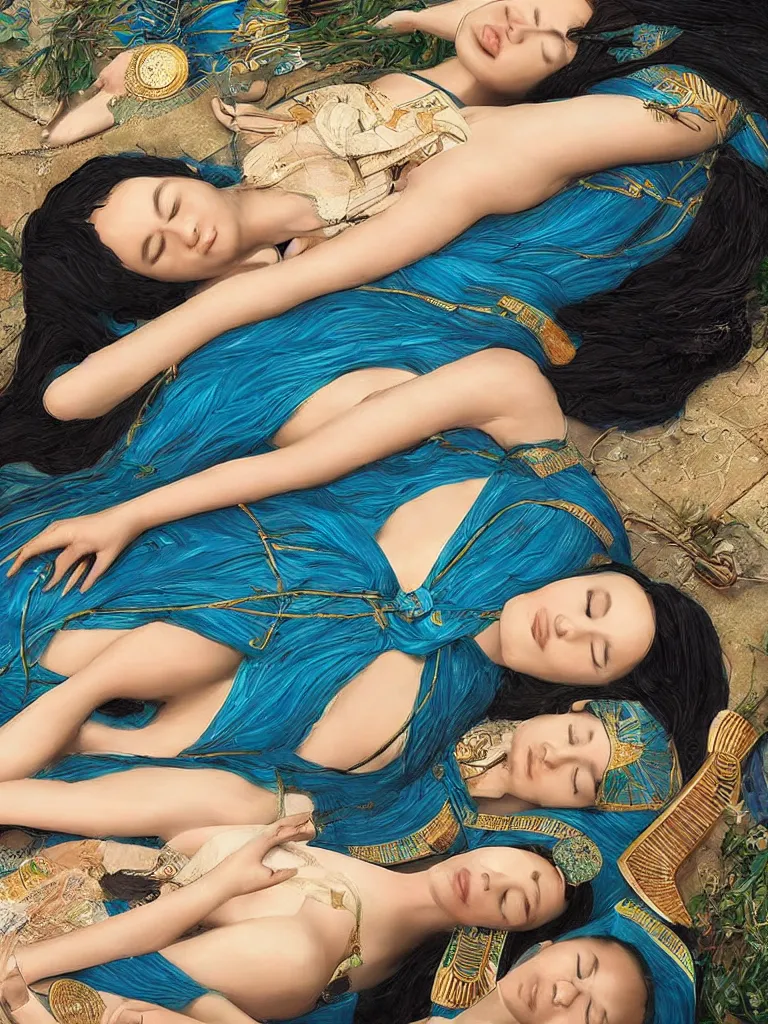 Image similar to beautiful female ancient Egyptian goddesses lying down asleep together next to the river Nile, blue lotus flowers grow around them as they sleep peacefully, intoxicated by the perfume, by Alessio Albi, painted by Artgerm