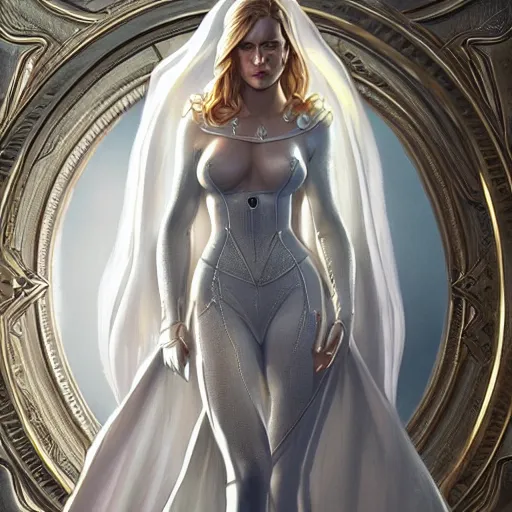 Image similar to full figure ultra realistic illustration, evan rachel wood as emma frost, intricate, elegant, highly detailed, digital painting, artstation, concept art, smooth, sharp focus, illustration, art by artgerm and greg rutkowski and alphonse mucha