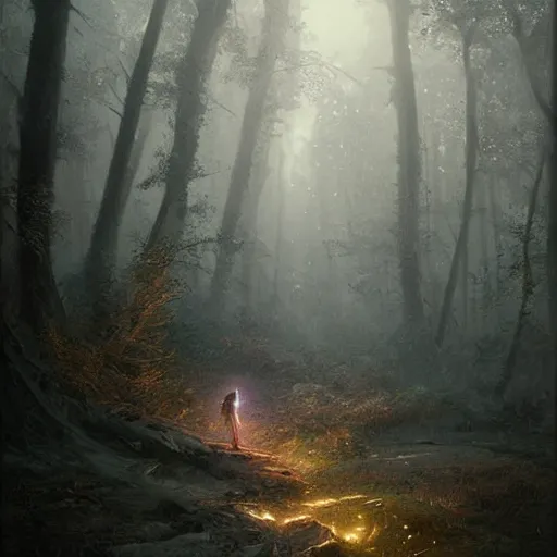 Prompt: a glowing will o the wisp in misty woods, beautiful ethereal fantasy painting by greg rutkowski