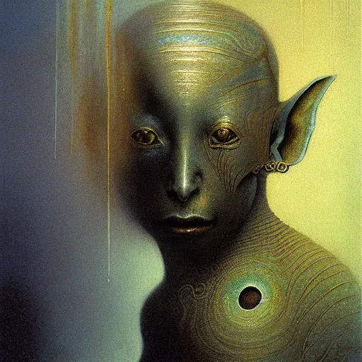 Image similar to portrait of ethereal goblin princess in golden armour by Beksinski