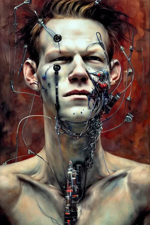 Image similar to cameron monaghan as a cyberpunk hacker, wires cybernetic implants, by esao andrews, jenny saville, james jean