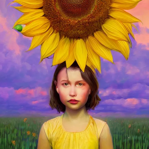 Prompt: giant sunflower head, portrait of girl in flower field, holding daisies, surreal photography, sunrise, impressionist painting, colorful clouds, digital painting, artstation, simon stalenhag, flower face