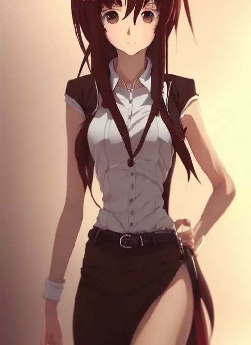 Image similar to 3 / 4 view of a portrait of cute makise kurisu from steins gate, confident pose, pixie, elegant, sharp focus, illustration, highly detailed, concept art, matte, trending on artstation, anime, art by wlop and artgerm and greg rutkowski, ilya kuvshinov, strong strokes, photo of