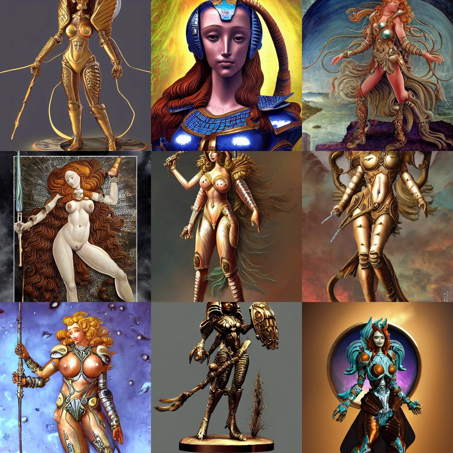 Prompt: venus goddess in ancient alien planet sci-fi armor, in the style of sandro botticelli, stylized, highly detailed, trending on artstation, award winning, painted warhammer miniature