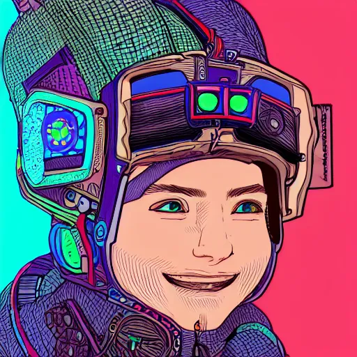 Image similar to detailed illustration in the style of josan gonzalez of a close up of a smiling young explorer wearing a cyberpunk headpiece, highly detailed, intricate details, 8k wallpaper