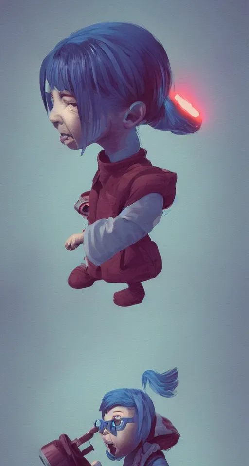 Image similar to little angry girl with blue hair, art by Simon Stalenhag, trending on Artstation, CGSociety