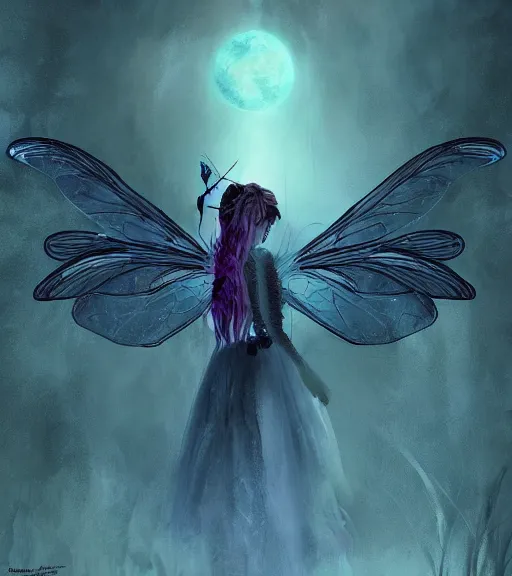 Image similar to gothic fairy with dragonfly wings, digital painting, liminal eerie midnight backlit, a picture taken by Michael Komarck and Daniel Ljunggren