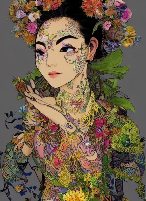 Image similar to !!! very coherent!!! photograph, beautiful floralpunk balinese cyborg portrait girl female photography, detailed patterns art of bali traditional dress, flower pop art, floral splash painting, art by ashley wood, alphonse mucha, makoto shinkai, geof darrow, dark shadow