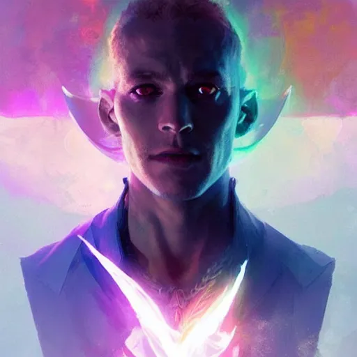 Image similar to portrait of a beautiful force of the good light seraphim male futuristic angel, volume lighting, concept art, by greg rutkowski!!, colorful, xray melting colors!!