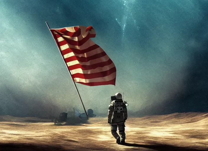 Image similar to astronaut holding a flag in an underwater desert. a submarine is visible in the distance. dark, concept art, cinematic, dramatic, atmospheric, 8 k, trending on artstation, blue, fish, low visibility, fog, ocean floor, christopher nolan, interstellar