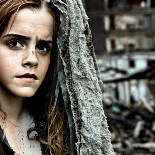 Image similar to concerned and tired emma watson in shredded dirty clothes rags, in the ruins of civilization after the apocalypse, looming city ruins backdrop, hd photo, high detail