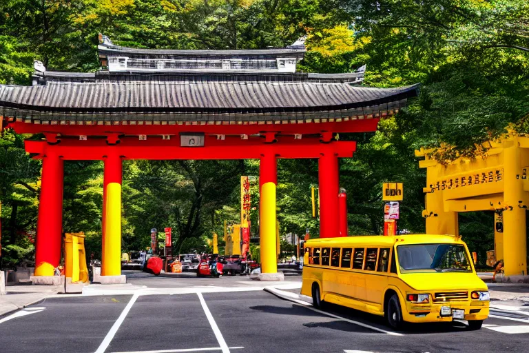Image similar to Yellow school bus, driving towards a red japanese Torii gate, New York location in USA, ray tracing, high detail, 4K