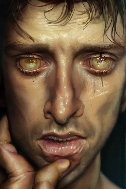 Image similar to a beautiful ultradetailed vintage photo of a toby maguire crying while playing spider man, by tom bagshaw and anna dittman, portrait, 2 4 mm lens, golden ratio composition, detailed face, studio photography, very detailed, humanoids, industrial robots, artstation, 8 k, highly coherent