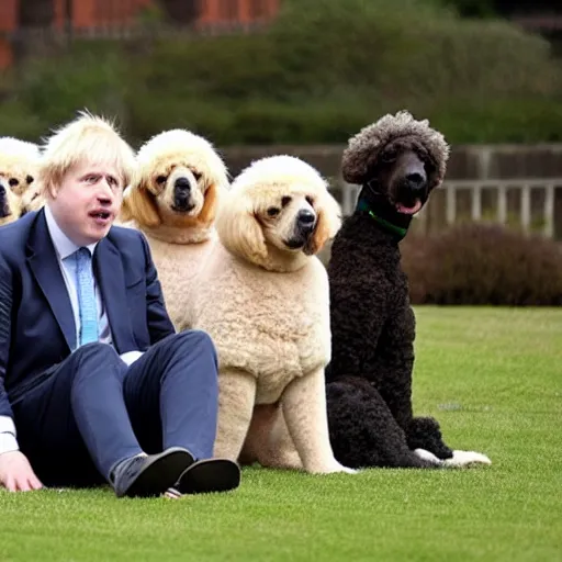 Prompt: Boris Johnson sitting with a group of poodles at a park.