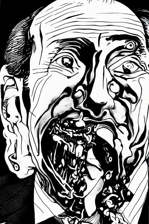 Image similar to Joe Biden full body portrait, body horror, black and white Illustration by Junji Ito