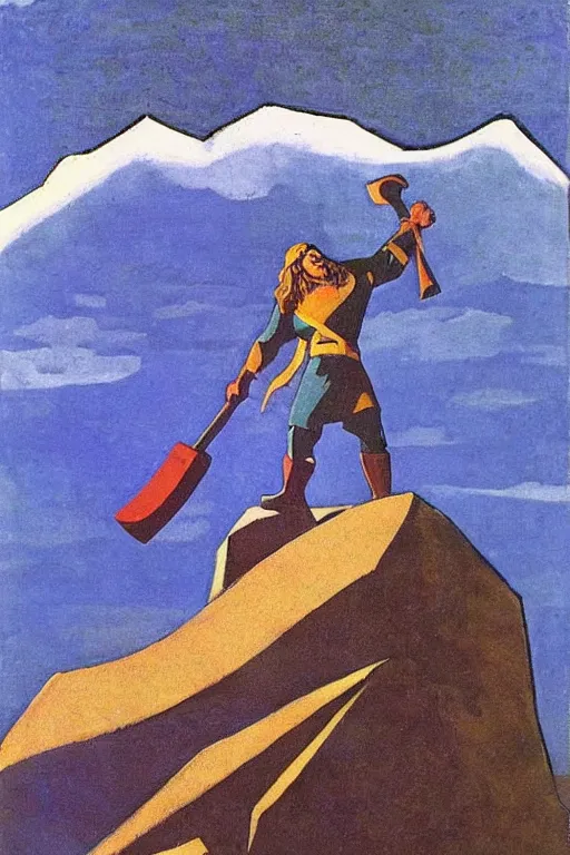 Image similar to thor holding the hammer, stay on mountain, marvel, artwork by nicholas roerich,