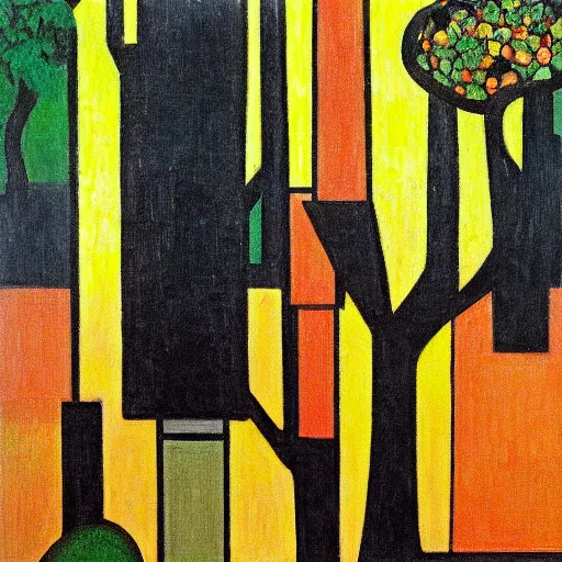 Image similar to frank lloyd wright, a busy painting of trees with a yellow background, an art deco painting by mondrian, featured on pixiv, synthetism, fauvism, creative commons attribution, academic art