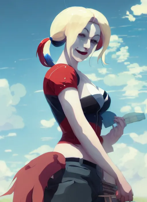 Prompt: portrait of harley quinn, cloudy sky background lush landscape illustration concept art anime key visual trending pixiv fanbox by wlop and greg rutkowski and makoto shinkai and studio ghibli