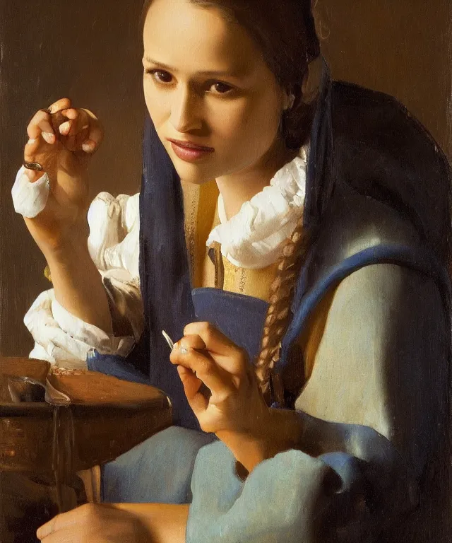 Image similar to a highly detailed, beautifully lit oil painting portrait of a pretty, young alicia jessica vikander alba sitting at a table by an open window, by vermeer