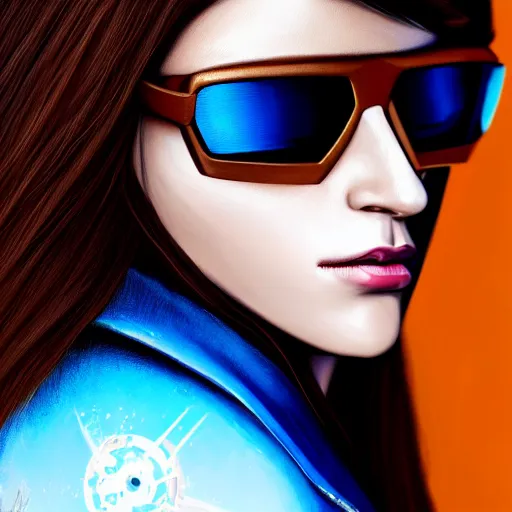 Image similar to closeup painting of a very beautiful young mexican cyberpunk woman with a smirk, wearing light blue shutter shades and a dark brown leather jacket, one side haircut, long brown hair with light blue ends, portrait, hyperdetailed, artstation, cgsociety, 8 k, synthwave by tangerine dream