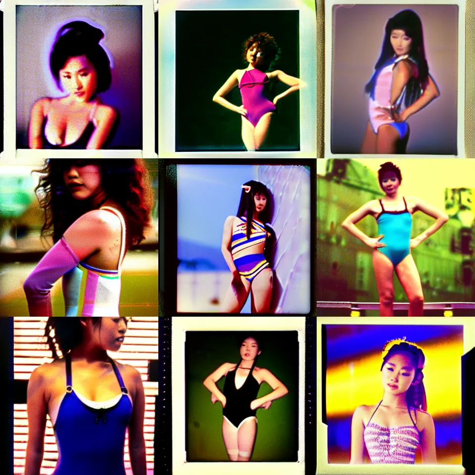 Image similar to epic, cinematic 1 9 9 0 s film still movie shot of a japanese idol wearing leotard swimsuit. instagram photo at behance, polaroid kodak portra, hollywood