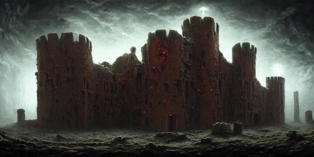 Image similar to a cosmic horror monstrosity inside of a medieval brick castle, matte oil painting, concept art, extremely detailed, disturbing, cinematic, award - winning, 4 k, 8 k